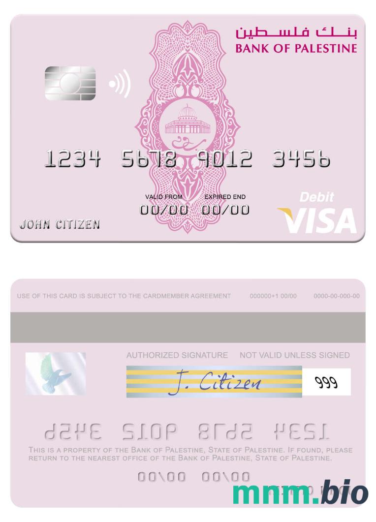 State of Palestine Bank of Palestine visa debet karta przykład w formacie PSD